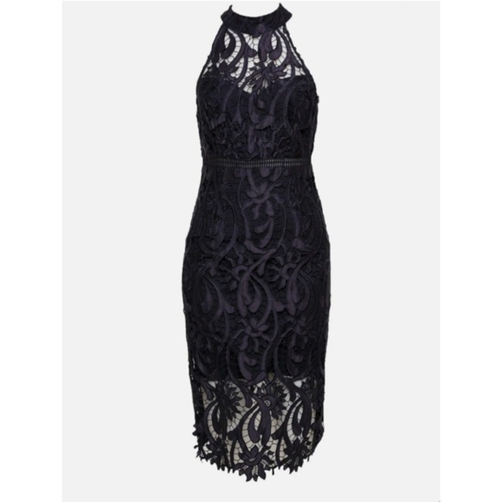 Bardot Sleeveless Lace Halter Midi Cocktail Dress in Black
